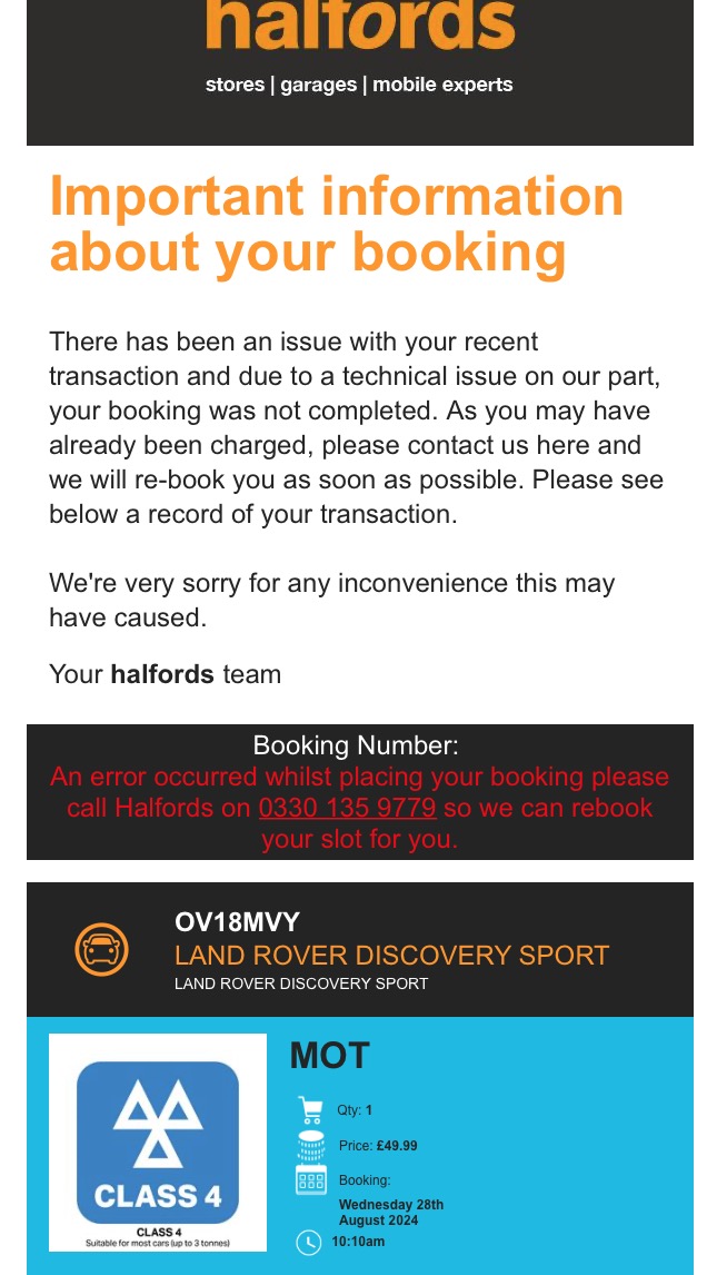 ambelmax's tweet photo. @Halfords_uk Halfords charged me for an MOT but the confirmation email said there was an ERROR. I phoned the branch in Kingston Surrey… they booked in but said I had to pay there and then but needed to call Halfords for the original amount to be refunded. IMPOSSIBLE, phone, live chat.. AVOID https://t.co/XPwEFOZNpW
