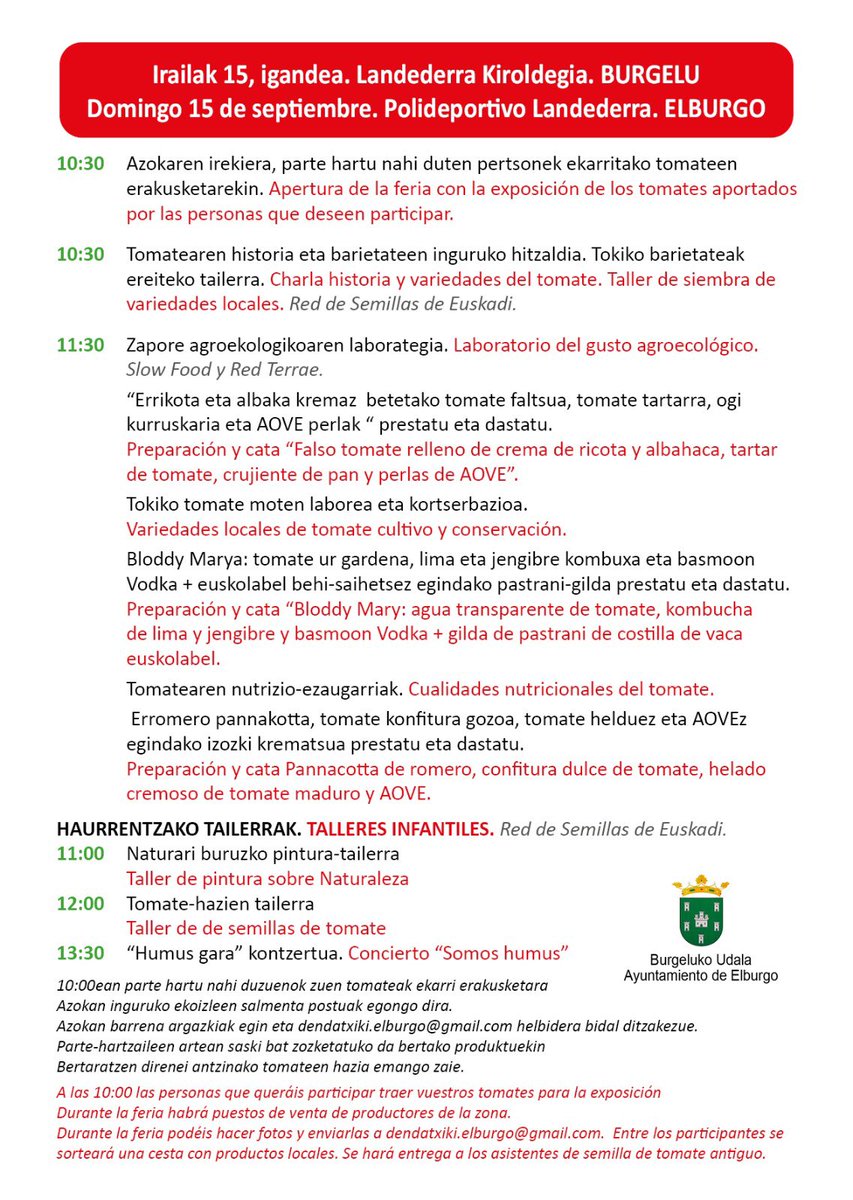 XXIII. Nekazaritzako azoka gardenan gaude! Mercado Transparente en Fueros organizado por <a href="/UAGAiNFO/">UAGA</a> Arabako Nekazarien Elkartea eta AGA S. Coop. Tokiko produktuen kontsumoa sustatu eta sasoiko produktuei balioa ematea du helburu merkatuak. Igandean, Burgelun: III Feria del Tomate.