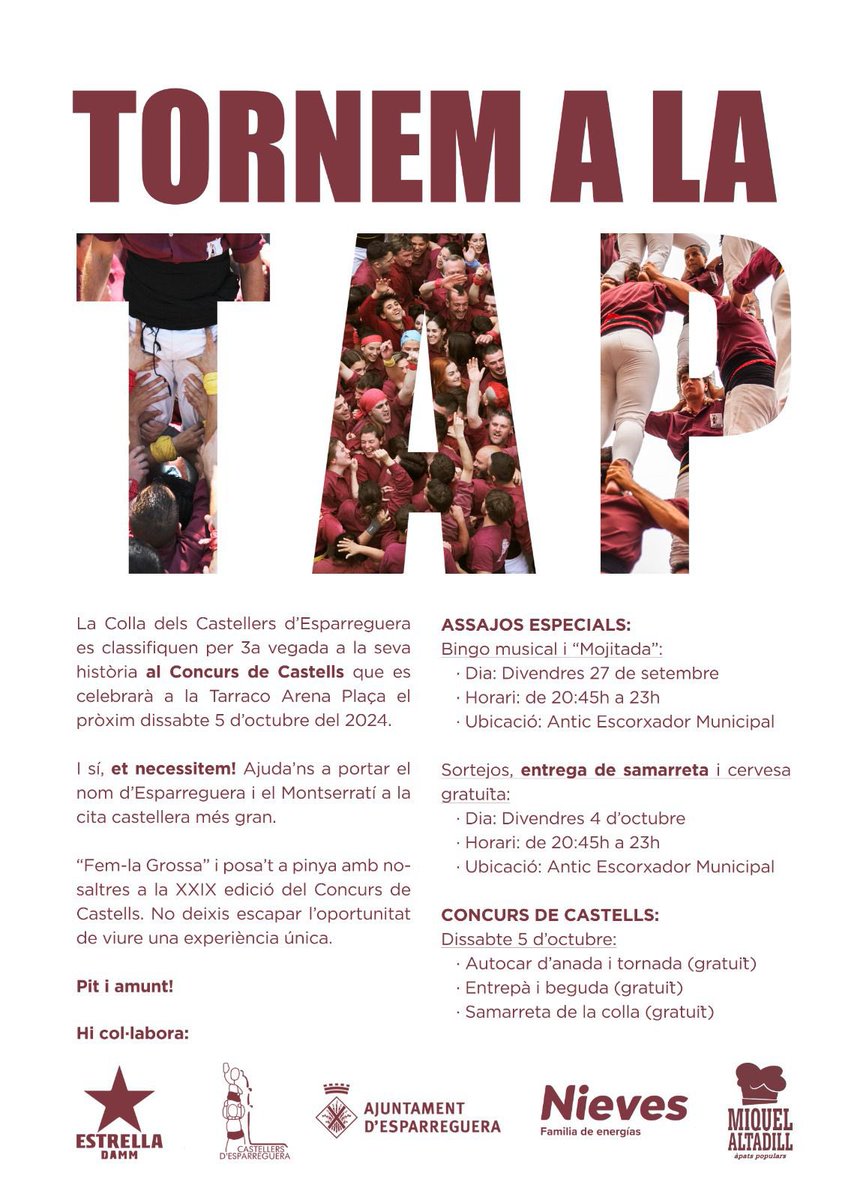 FEM-LA GROSSA, POSA’T A PINYA

Si ens vols acompanyar en aquest dia tan especial, t’ho posem molt fàcil📝
- 👕Samarreta edició concurs (GRATIS)
- 🚌Autocar d’anada i tornada (GRATIS)
- 🍔🥙🍺🥤Entrepà + beguda en finalitzar la diada castellera (GRATIS)

forms.gle/ZMTLrjXaTo7dWo…