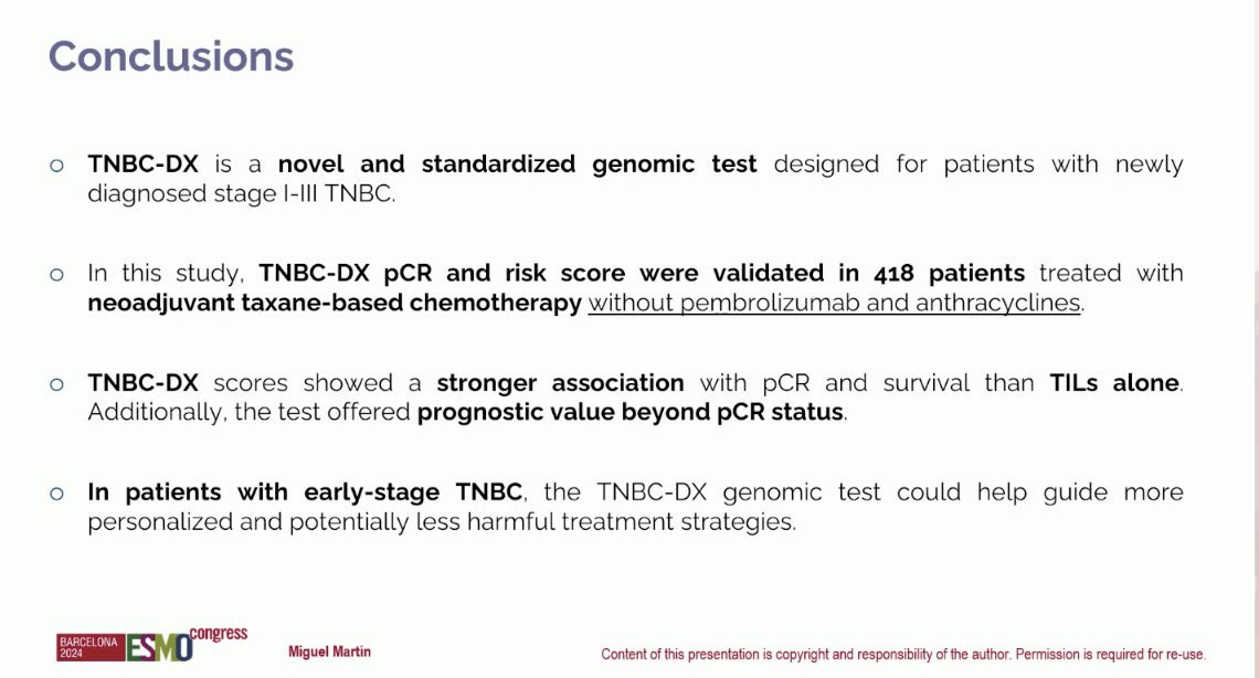 RevealGenomics's tweet photo. Conclusions from Dr. Miguel Martin's presentation on #TNBCDX, the test that will transform the treatment landscape for Triple-Negative #breastcancer
#precisiononcology #esmo24 #ESMO2024 https://t.co/FCZHUSk58s