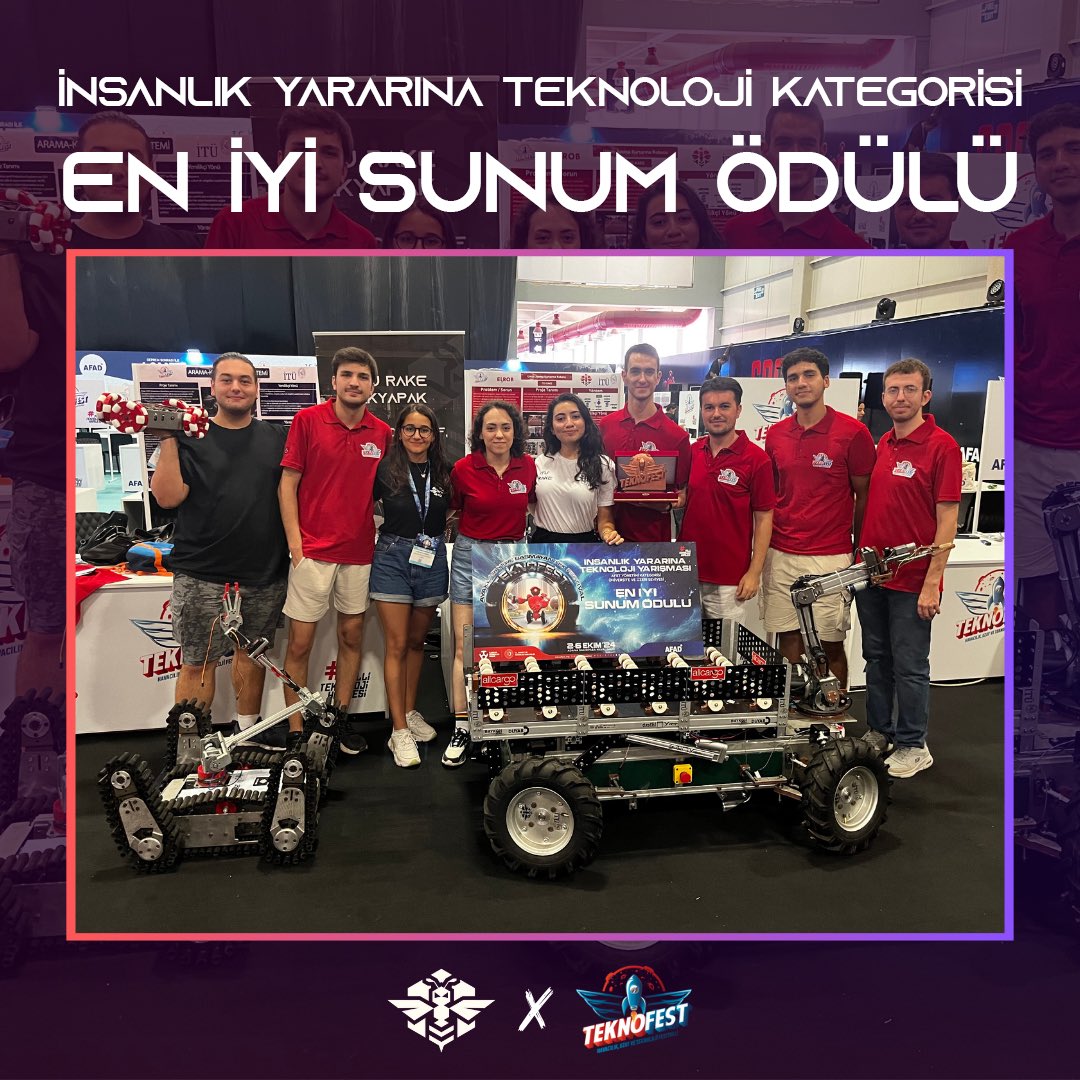 iturake's tweet photo. 5-8 Eylül tarihlerinde düzenlenen Teknofest final etabında yaptığımız sunum neticesinde aracımız Umay için geliştirdiğimiz projemiz “En İyi Sunum Ödülü”nü kazandı! 
Genel sıralamaların açıklanmasını büyük bir heyecanla bekliyoruz!🤩

#itu #rake #iturake @itu1773 https://t.co/rkaNTDPktp