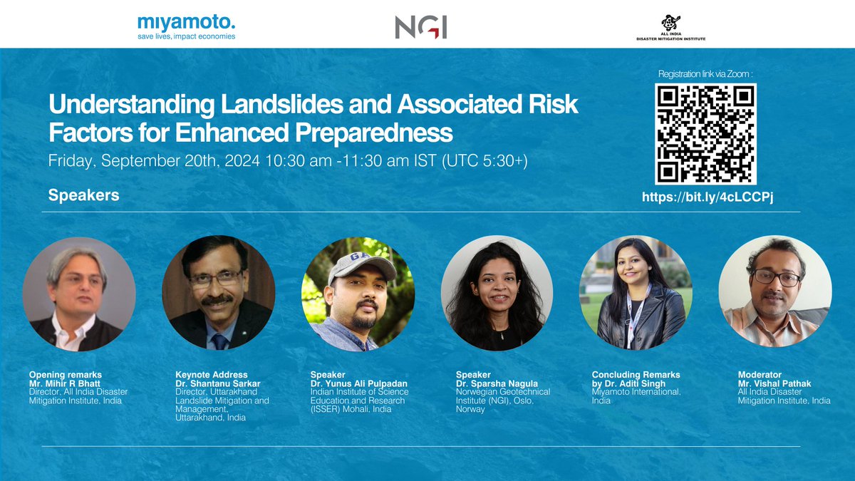 Miyamoto International and the All India Disaster Mitigation Institute(AIDMI) are hosting a webinar session.
📅 Date: Friday, September 20, 2024
🕥 Time: 10:30 AM - 11:30 AM(IST)
🔗 Register: bit.ly/4cLCCPj

#LandslideRisk #CommunityResilience #DRR  #ReduceVulnerability