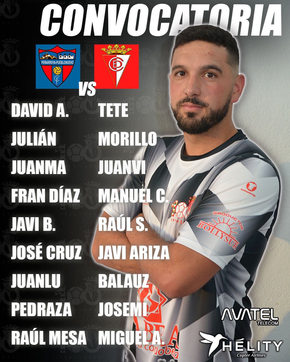 𝐂𝐎𝐍𝐕𝐎𝐂𝐀𝐓𝐎𝐑𝐈𝐀 | JORNADA 1

👥 Estos son los 18 jugadores convocados por <a href="/srgvaro/">Sergio Varo Martínez</a> para mañana.

⚽️ 15/09 • 12:15 🆚 <a href="/penarroyacf1947/">Peñarroya-Pueblonuevo C.F.</a>

🤝🏼 <a href="/helitycopter/">Hélity Copter Airlines</a> | <a href="/AvatelTelecom/">Avatel Telecom</a> 

#PeñarroyaEgabrense | #1ªAndaluza
