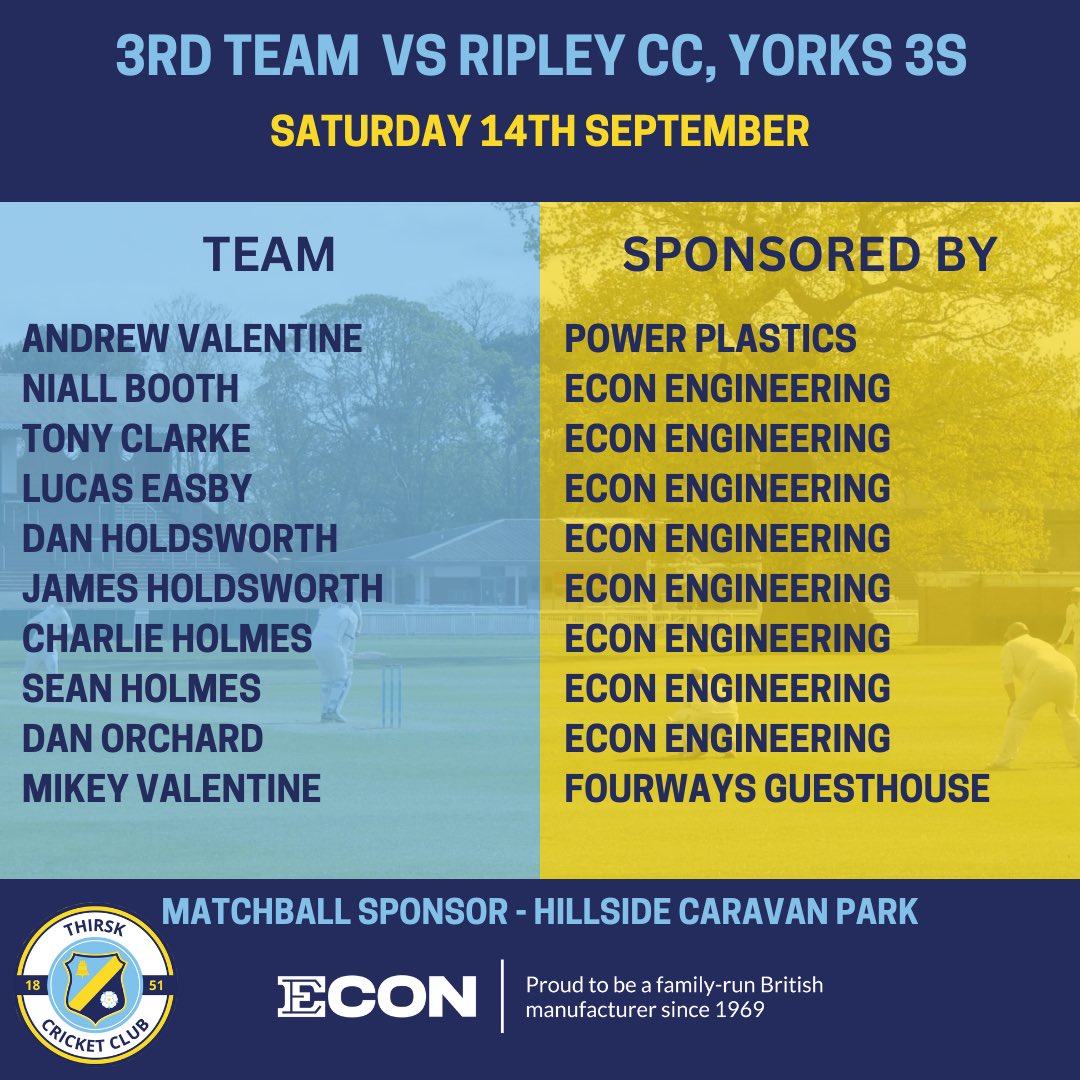 Thirsk Cricket Club (@thirskcc) on Twitter photo Here are our 3s for this afternoons matchup against Ripley CC! Thank you again to our matchball sponsor <a href="/HillsideCaravan/">Hillside Caravan Park & Meadow Lodges</a>
#wearethirsk #thirskcc #yorkshirecricket #cricket Here are our 3s for this afternoons matchup against Ripley CC! Thank you again to our matchball sponsor <a href="/HillsideCaravan/">Hillside Caravan Park & Meadow Lodges</a>
#wearethirsk #thirskcc #yorkshirecricket #cricket