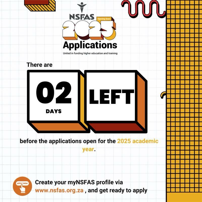 myNSFAS's tweet image. 📅 Dr Nobuhle Nkabane, Minister of Higher Education and Training, will officially launch the NSFAS 2025 applications in 2 days time. The BIG day is fast approaching. #NSFAS2025 #NSFAS2025Applications #UnitedInDiversity #FundingForAllWhoDeserveIt
