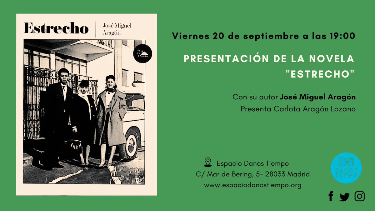 Con mucha ilusión, y con su correspondiente pellizco en el estómago,  os digo que este próximo viernes 20 presentó mi primera novela en la asociación @DanosTiempo . Y me va a acompañar mi hija. "Estrecho" se lanza a volar.