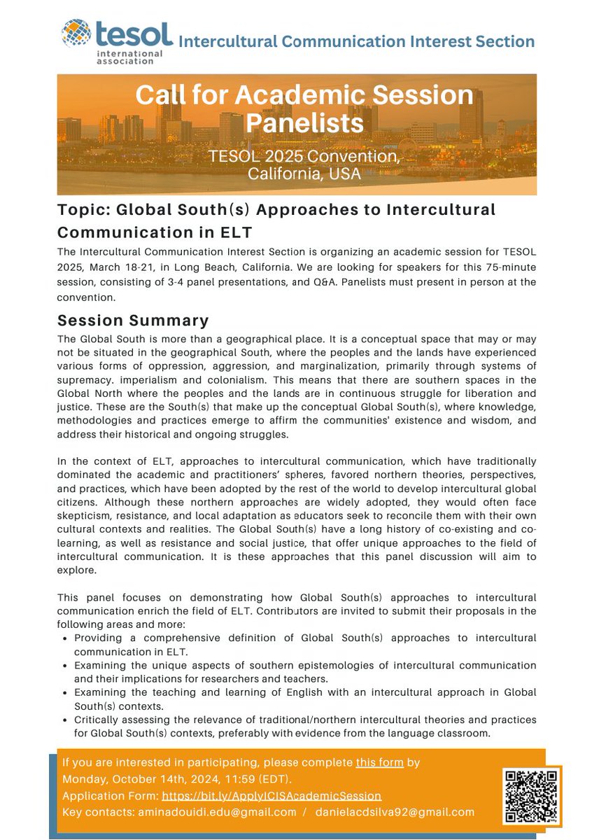 ICIS_TESOL (@icis_tesol) on Twitter photo The Intercultural Communication Interest Section is organizing an academic session for TESOL 2025, March 18-21, in Long Beach, California. We are looking for speakers for this 75-minute session.
Application Form: bit.ly/ApplyICISAcade…
Key contacts: aminadouidi.edu@gmail.com The Intercultural Communication Interest Section is organizing an academic session for TESOL 2025, March 18-21, in Long Beach, California. We are looking for speakers for this 75-minute session.
Application Form: bit.ly/ApplyICISAcade…
Key contacts: aminadouidi.edu@gmail.com