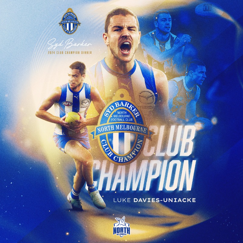 NMFCOfficial's tweet photo. An inaugural Syd Barker Medal for a true North Melbourne man.

Luke Davies-Uniacke caps off his fourth consecutive top-five finish with his first club best and fairest 🥇

#Kangas