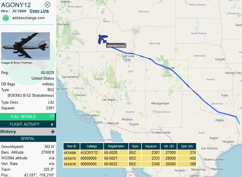 SirListenalot's tweet photo. Three #B52's #AGONY11-13 (I suppose) out of Barksdale. Expect #KC135's out of Fairchild ~1325z:
#AE0472 #PICO11 (to Eielson), unkn #PICO12, #AE042E #PICO13 &amp; #AE07AE #PICO14 (round trip). "14" will rtb at YAK196-091 https://t.co/RyiF9nincE
