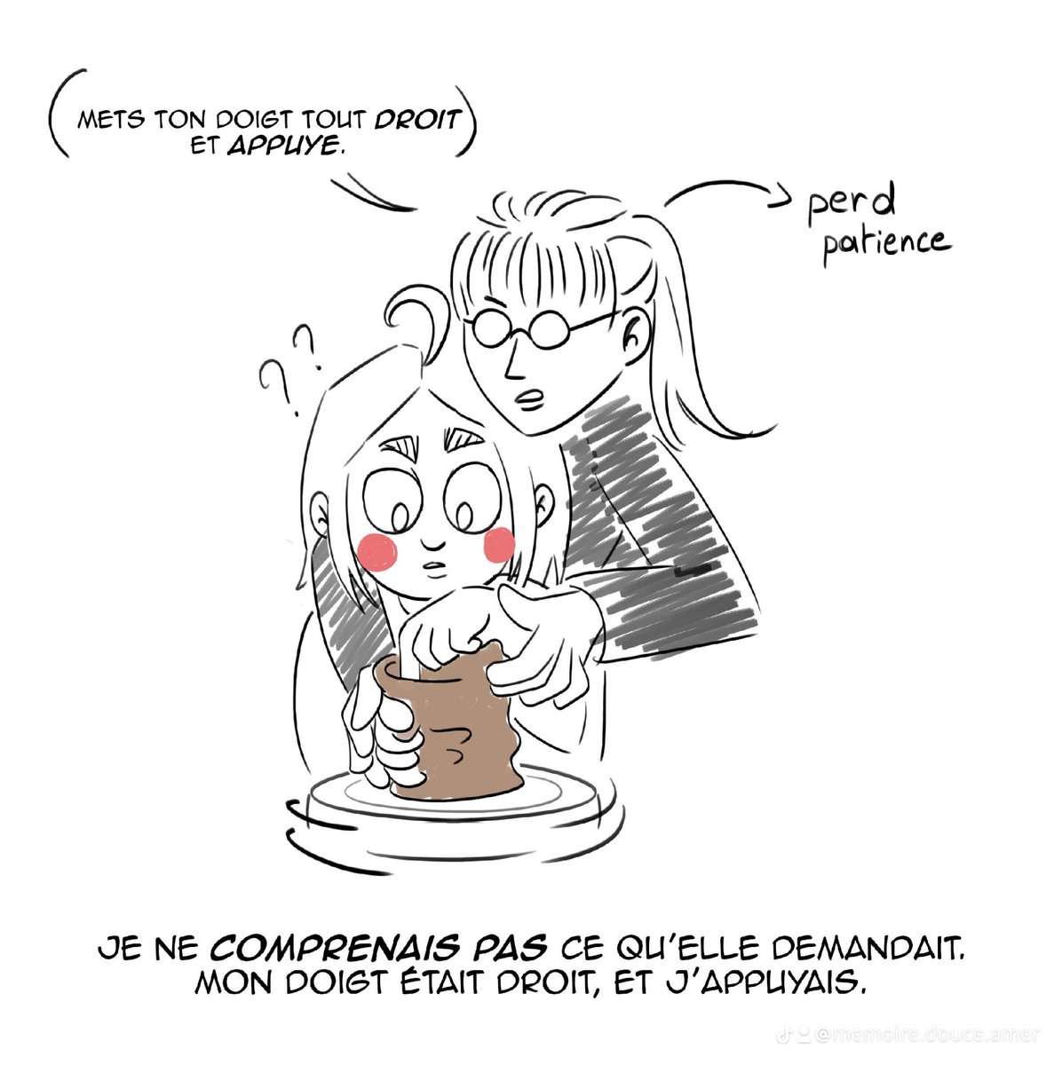 MemoDouceAmer's tweet photo. La poterie ✨️
Ça aurait pu être un chouette moment parent-enfant et au final je me suis retrouvée à laver mes cheveux pendant 1h en pleurant #comics #journal #journalintime #art #bd #illustration #story #storytime #poterie #argile #mere #maman #enfant https://t.co/J2M32VdVLK