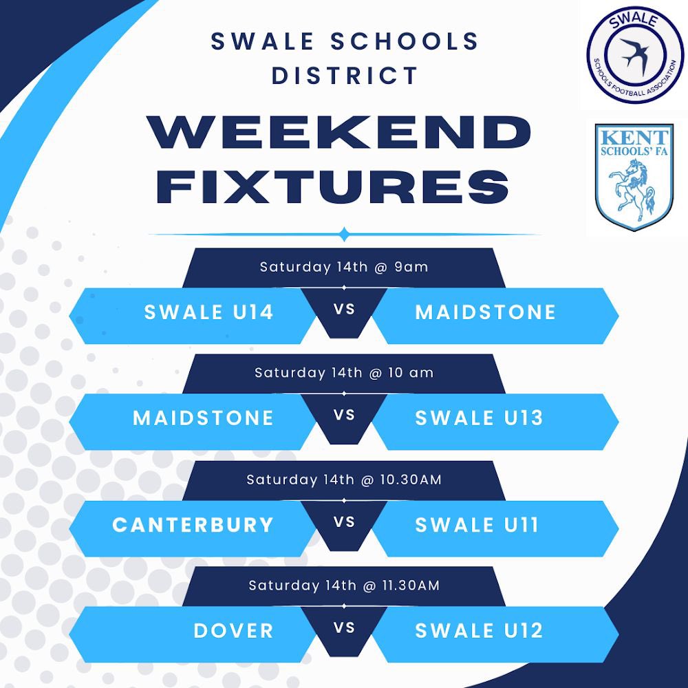 Swale Schools FA (@swalessfa) on Twitter photo Today several of our sides are in <a href="/kentschools_fa/">Kent Schools FA</a> action.
<a href="/maidstonedsk11/">Maidstone District</a> <a href="/canterbury_sfa/">Canterbury SFA</a> <a href="/dover_fa/">Dover & Deal Schools FA</a> Today several of our sides are in <a href="/kentschools_fa/">Kent Schools FA</a> action.
<a href="/maidstonedsk11/">Maidstone District</a> <a href="/canterbury_sfa/">Canterbury SFA</a> <a href="/dover_fa/">Dover & Deal Schools FA</a>