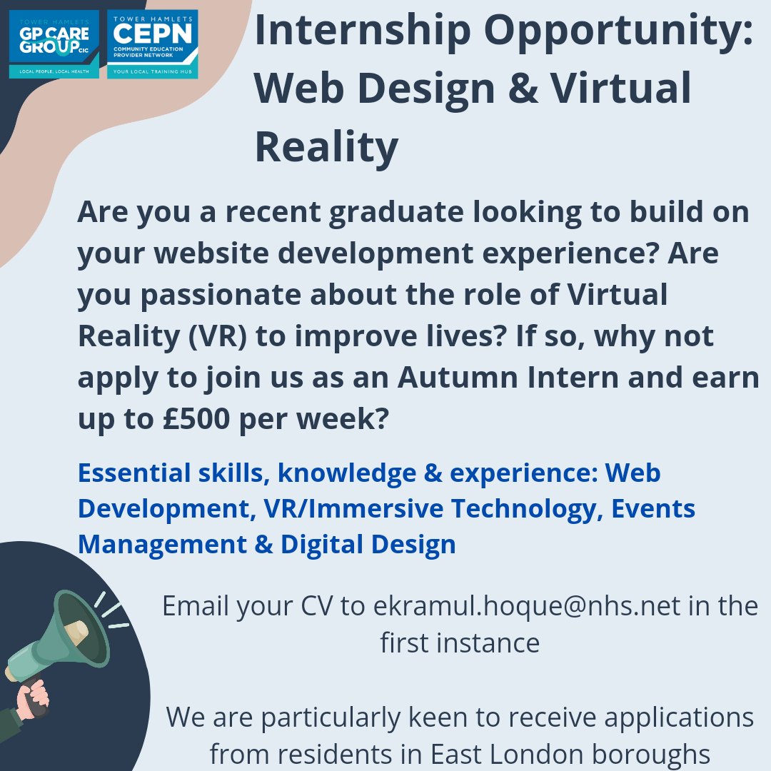Tower Hamlets CEPN aka 'Training Hub' (@thcepn) on Twitter photo An excellent Internship opportunity for a Web Whizz looking to access health care work experience in East London <a href="/THGPCareGroup/">Tower Hamlets GP Care Group</a>. Do promote. An excellent Internship opportunity for a Web Whizz looking to access health care work experience in East London <a href="/THGPCareGroup/">Tower Hamlets GP Care Group</a>. Do promote.