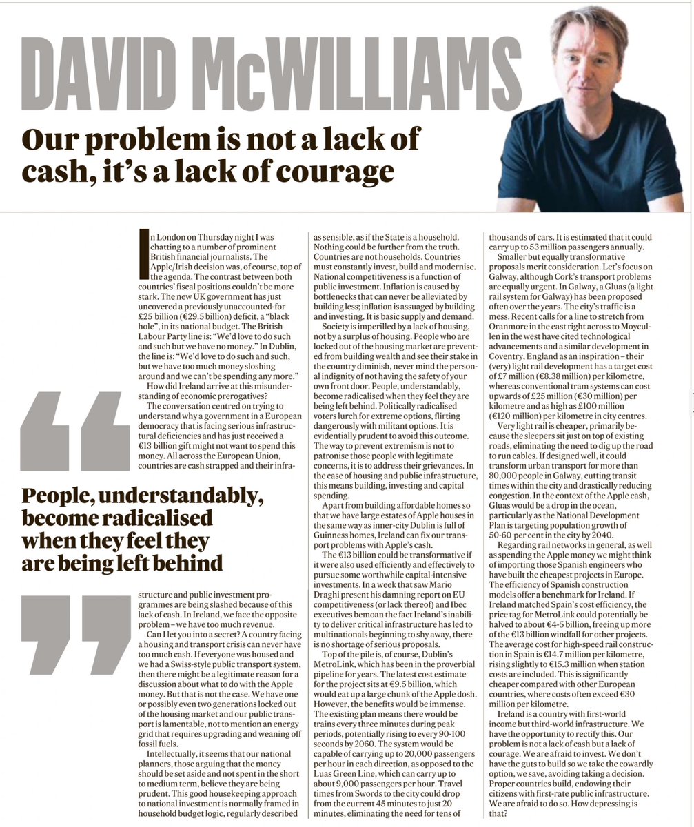 “We have one or possibly even two generations locked out of the housing market and our public transport is lamentable, not to mention an energy grid that requires upgrading and weaning off fossil fuels.”
~David McWilliams, Irish Times

☕️