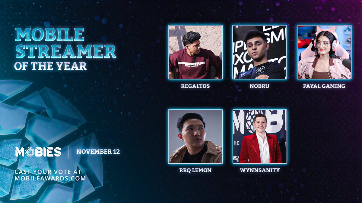 mobiesawards's tweet photo. IN CASE YOU MISSED IT!
The finalists for Mobile Streamer of the Year are:
@soulregaltos
@nobru
@Payal_Dhaare
#RRQLemon
@Wynnsanity
✅ Vote now: https://t.co/CpU17kIuEs
MOBIES 2024 - November 12th | Los Angeles https://t.co/pDCWiR8eEN