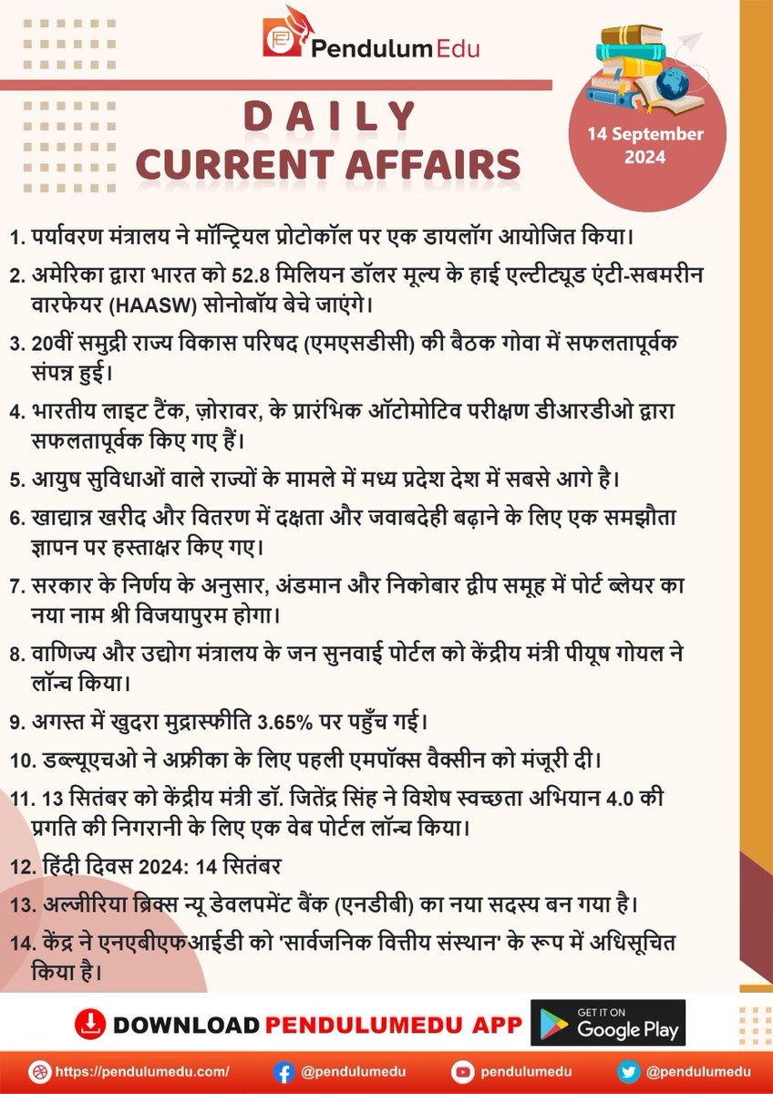 pendulumedu's tweet photo. Read Daily Hindi Current Affairs of 14 September 2024 - https://t.co/YLHMh6pcDI
#14Septemberhindicurrentaffairs #MontrealProtocol #HAASW #MSDC #Zorawar #DRDO #AYUSHfacilities #SriVijayapuram #Portblair #andamanandnicobar #Jansunwaiportal #swachhatacampaign4 #HindiDiwas #Algeria https://t.co/tc9zWXMRD8