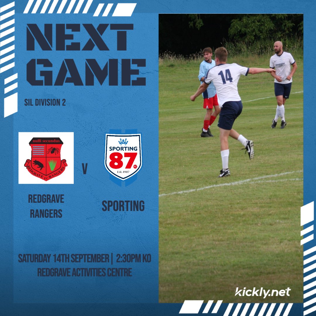 GAMEDAY! 

Sporting vs <a href="/RedgraveRangers/">Redgrave Rangers FC</a> (a)

⏰Kick off 2:30pm
🧭Redgrave activities centre 

The Ressies are on the road again looking to carry on our winning form this season against a tough Redgrave side.