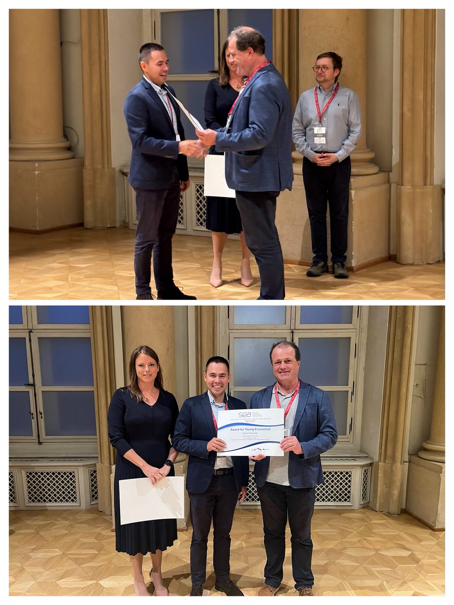 At #SEAM2024 SEA Award for Young Economist 2024 was presented by SEA president <a href="/JarkoFidrmuc/">Jarko Fidrmuc</a> to Michal Marenčák (<a href="/MichalMarencak/">Michal Marenčák</a>) for his research entitled State-dependent inflation expectations and consumption choices.