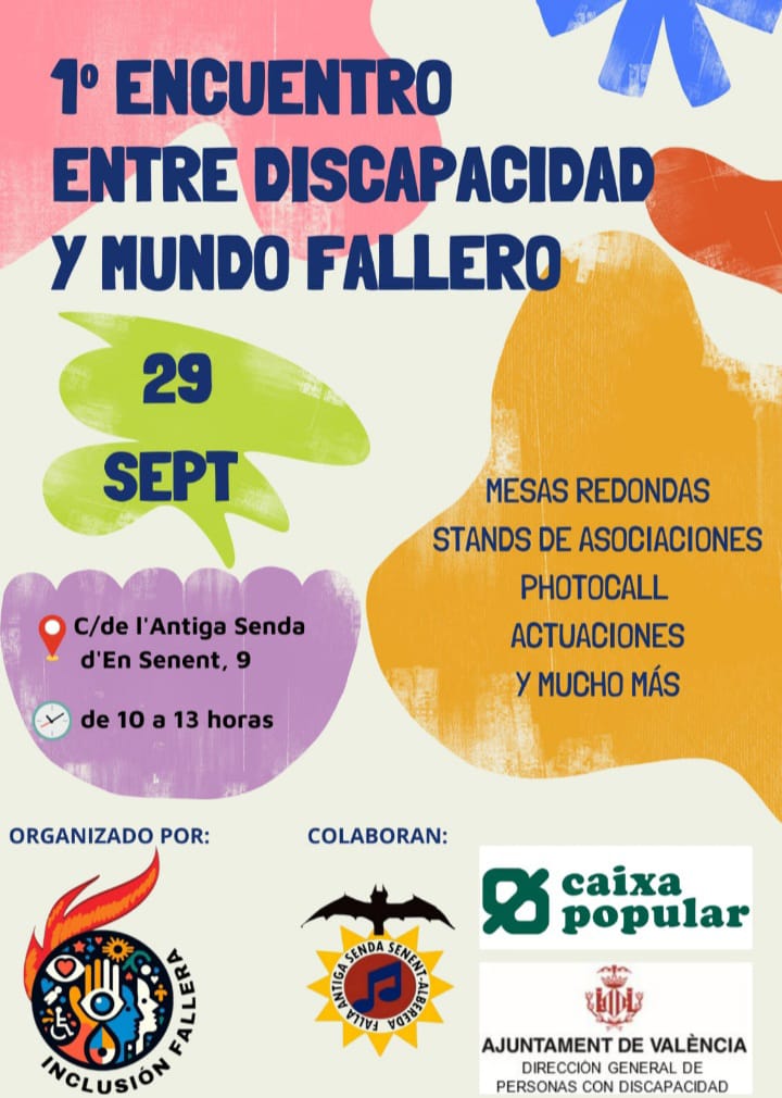 ♿️🔥 El pròxim diumenge 29 de setembre acollirem la I Trobada entre discapacitat i món faller 🤝

👥 Amb la participació de diferents associacions, taules redones i actuacions

📜 Impulsarem un decàleg de bones pràctiques

🗓 29/09
⏰ De 10 a 13h
📍 Antiga Senda de Senent nº9