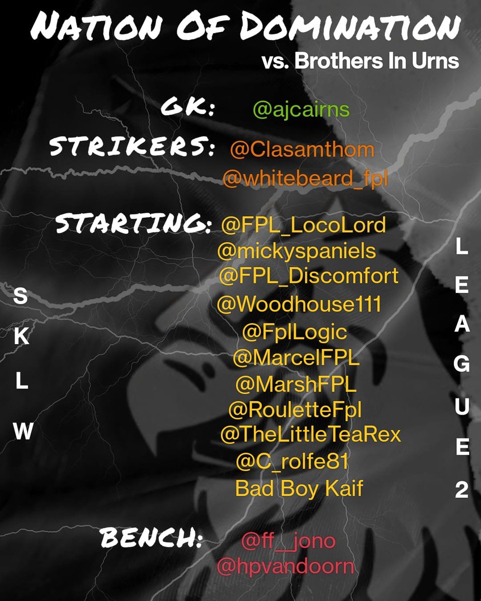 The Nation Of Domination (@dominatefpl) on Twitter photo SKLW League 2!
After defeat last week, we want to bounce back against <a href="/FPL_Tiramisu/">fpl_tiramisu</a> and Brothers In Urns!
It's wildcarders this week, with <a href="/ajcairns/">Andy Cairns</a> the man between the sticks! <a href="/Clasamthom/">Claire-FPL</a> and <a href="/whitebeard_fpl/">Whitebeard_fpl π΄σ §σ ’σ ³σ £σ ΄σ Ώπ²πΎ</a> the partnership up top!
Ready to dominate!!!
#fpl <a href="/OfficialSKLW/">Strikers Keepers Losers Weepers</a> SKLW League 2!
After defeat last week, we want to bounce back against <a href="/FPL_Tiramisu/">fpl_tiramisu</a> and Brothers In Urns!
It's wildcarders this week, with <a href="/ajcairns/">Andy Cairns</a> the man between the sticks! <a href="/Clasamthom/">Claire-FPL</a> and <a href="/whitebeard_fpl/">Whitebeard_fpl π΄σ §σ ’σ ³σ £σ ΄σ Ώπ²πΎ</a> the partnership up top!
Ready to dominate!!!
#fpl <a href="/OfficialSKLW/">Strikers Keepers Losers Weepers</a>