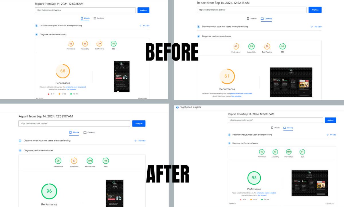 Sbjjoy87696's tweet image. Project name: WordPress speed optimization
Before result: Mobile-68 Desktop-61
After result: Mobile-96 Desktop-98
Duration : 3 days
Fiverr gig : fiverr.com/s/99bKGVj
#WordPressSpeedOptimization #SpeedOptimization #SearchEngineOptimization #Fiverr #Seo #USA #LosAngeles