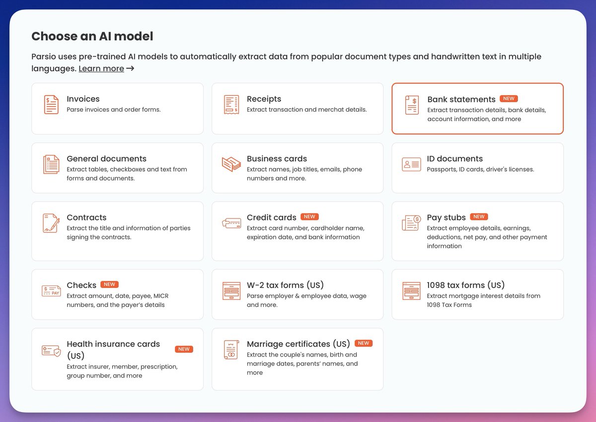 Exciting Update! 🚨
Our PDF parser now supports 6 new AI models, including a specialized model for extracting data from Bank Statements.
