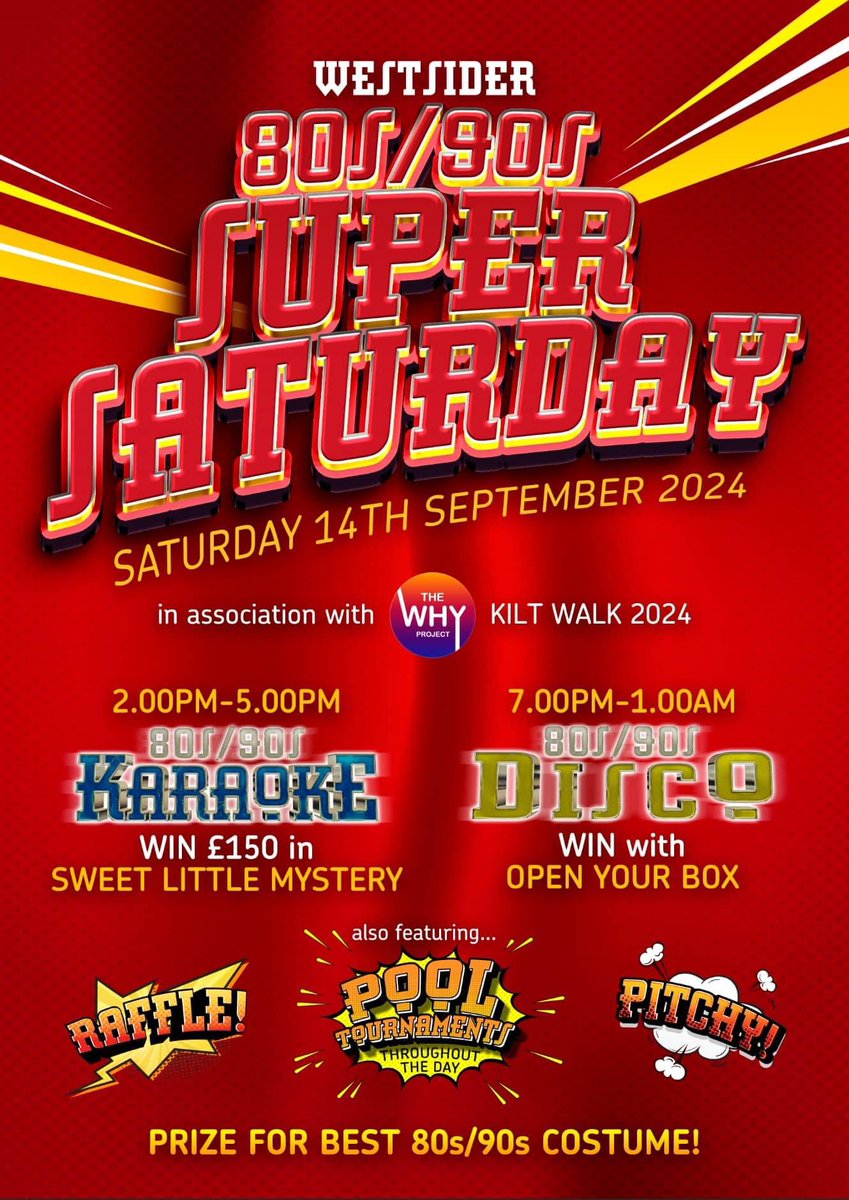 The Westsider (@westsideredin) on Twitter photo It’s SUUUPERRRR SATURDAAAYYYYY!!!
Starting at 2.00! 80s and 90s karaoke: 2-5, 80s and 90s disco: 7-1!!
Raffle, pitchy and pool tournaments, and hopefully (🤞🏼 ) the return of Open Your Box!!
Raising money for <a href="/TheWHYProject1/">The Wee Haven Youth Project (The WHY Project)</a> as well! What’s not to love… see you in the pub!! It’s SUUUPERRRR SATURDAAAYYYYY!!!
Starting at 2.00! 80s and 90s karaoke: 2-5, 80s and 90s disco: 7-1!!
Raffle, pitchy and pool tournaments, and hopefully (🤞🏼 ) the return of Open Your Box!!
Raising money for <a href="/TheWHYProject1/">The Wee Haven Youth Project (The WHY Project)</a> as well! What’s not to love… see you in the pub!!