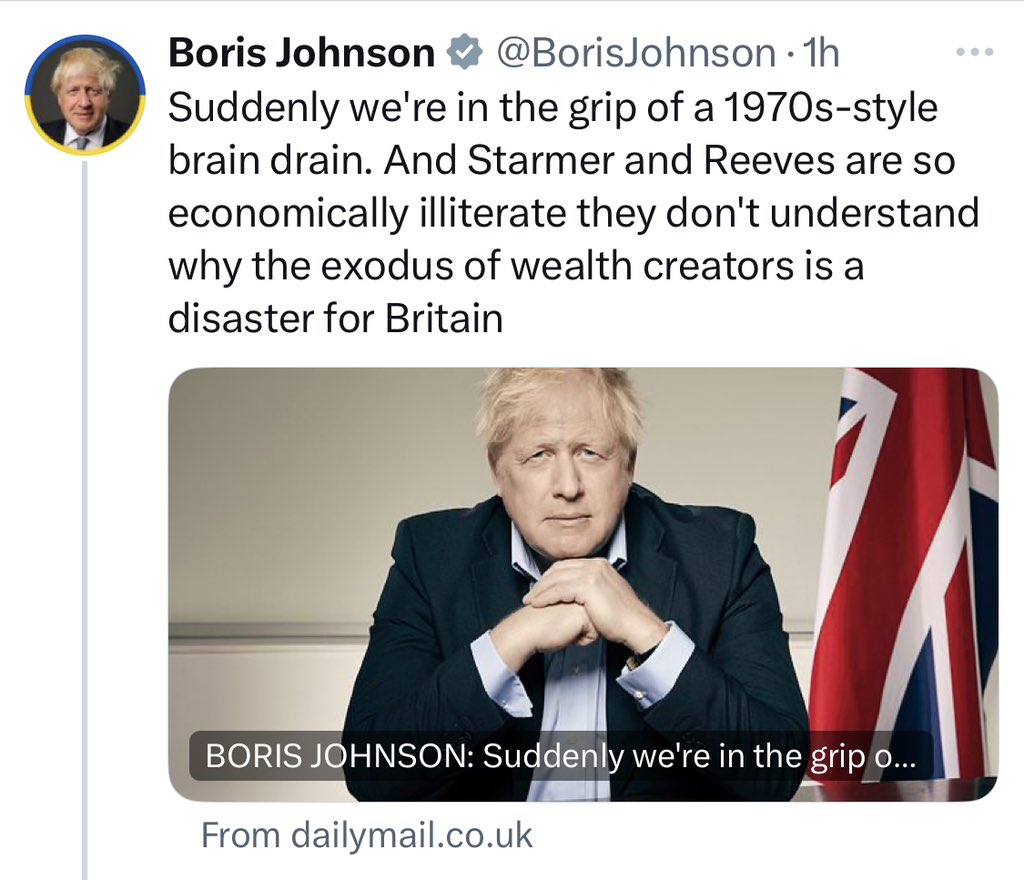 Where brain drain = tiny number of Tory millionaires fear having to pay more tax or having to treat their employees better and would rather make no contribution at all. These dismals aren’t investing in Britain. They’re just in it for themselves. Like this grotesque grifter.