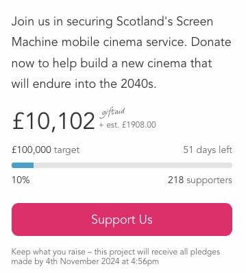 We've made it to our first £10k! Thanks to everyone who has donated so far in the campaign to #saveourscreenmachine. 

crowdfunder.co.uk/p/save-our-scr…
