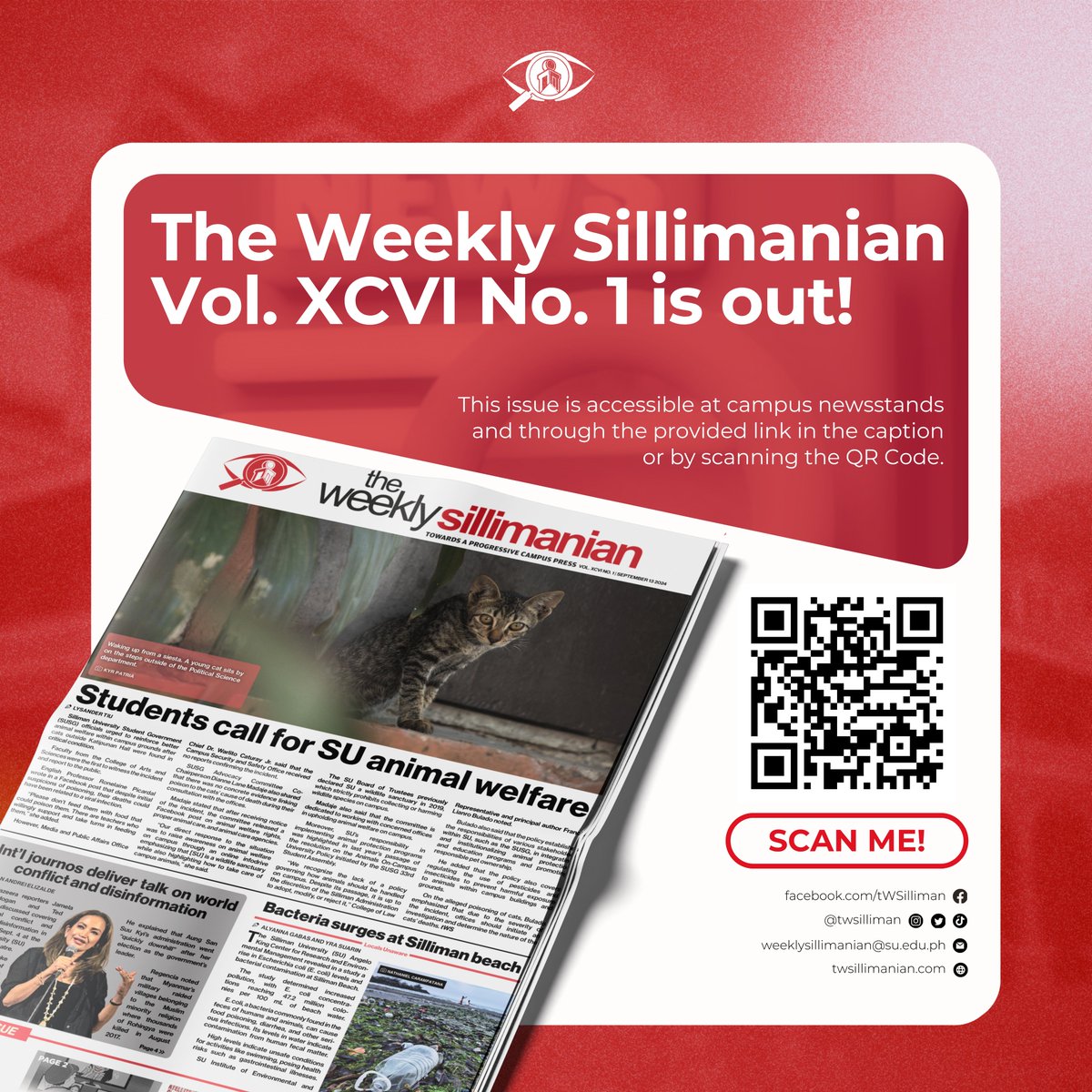 The online version of the 1st issue of the Weekly Sillimanian Vol. XCVI is now out! 

This issue can be accessed through this link: tinyurl.com/tWS-VolXCVI-Is… or through the QR code attached below. 

#tWSMagnify2024