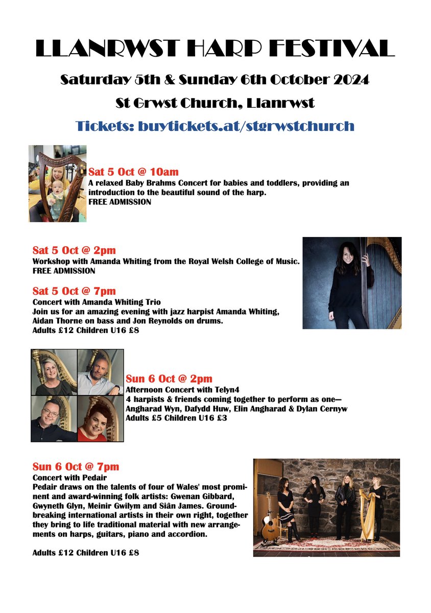 TELYN43's tweet photo. Gwyl Delyn Llanrwst Harp Festival 2024
Edrych ymlaen i fod yn rhan or wyl arbennig yma, cofiwch archebu eich tocynnau.
Looking forward to being a part of this festival, don't forget to secure your tickets.
Pedair, Telyn4, Amanda Whiting Trio, Baby Brahms Concert,  Workshop https://t.co/QqqQVabBKa