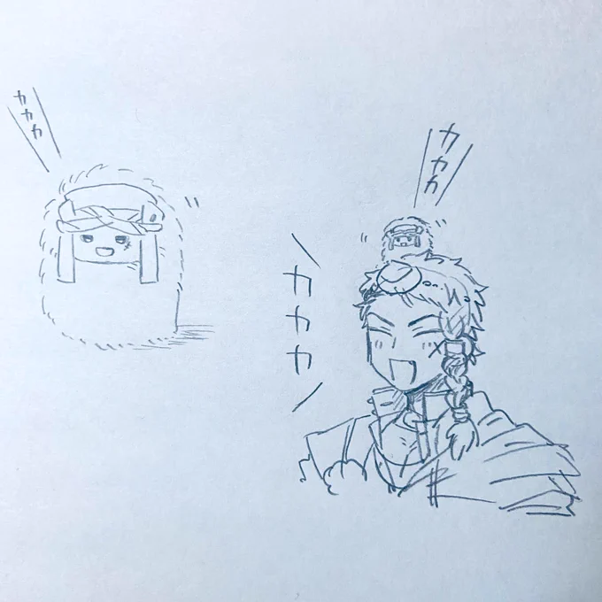 これはたわしみたいな山伏のグッズ見てかわいいなと思って描いた山伏とたわしみたいな山伏ぬいぐるみの落書き 