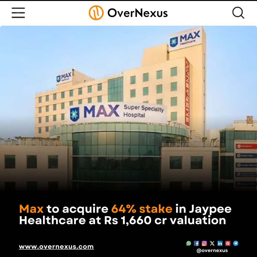 overnexusbiz's tweet image. Max Healthcare Institute plans to acquire a 64% stake in Jaypee Healthcare, a struggling company, for Rs 1,660 crore, following a strategic agreement with Lakshdeep Group, the promoter of Jaypee Healthcare.
.
#OverNexus #BusinessNews #MaxHealthcare #JaypeeHospital #acquisition