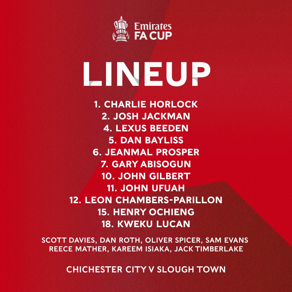 Slough Town FC (@sloughtownfc) on Twitter photo The squad is locked in for today's <a href="/EmiratesFACup/">Emirates FA Cup</a> tie in West Sussex. ✅
Two changes from last Saturday's starting XI. Jeanmal Prosper and John Ufuah replace Scott Davies and David Ogbonna.
#EmiratesFACup #OneSlough The squad is locked in for today's <a href="/EmiratesFACup/">Emirates FA Cup</a> tie in West Sussex. ✅
Two changes from last Saturday's starting XI. Jeanmal Prosper and John Ufuah replace Scott Davies and David Ogbonna.
#EmiratesFACup #OneSlough