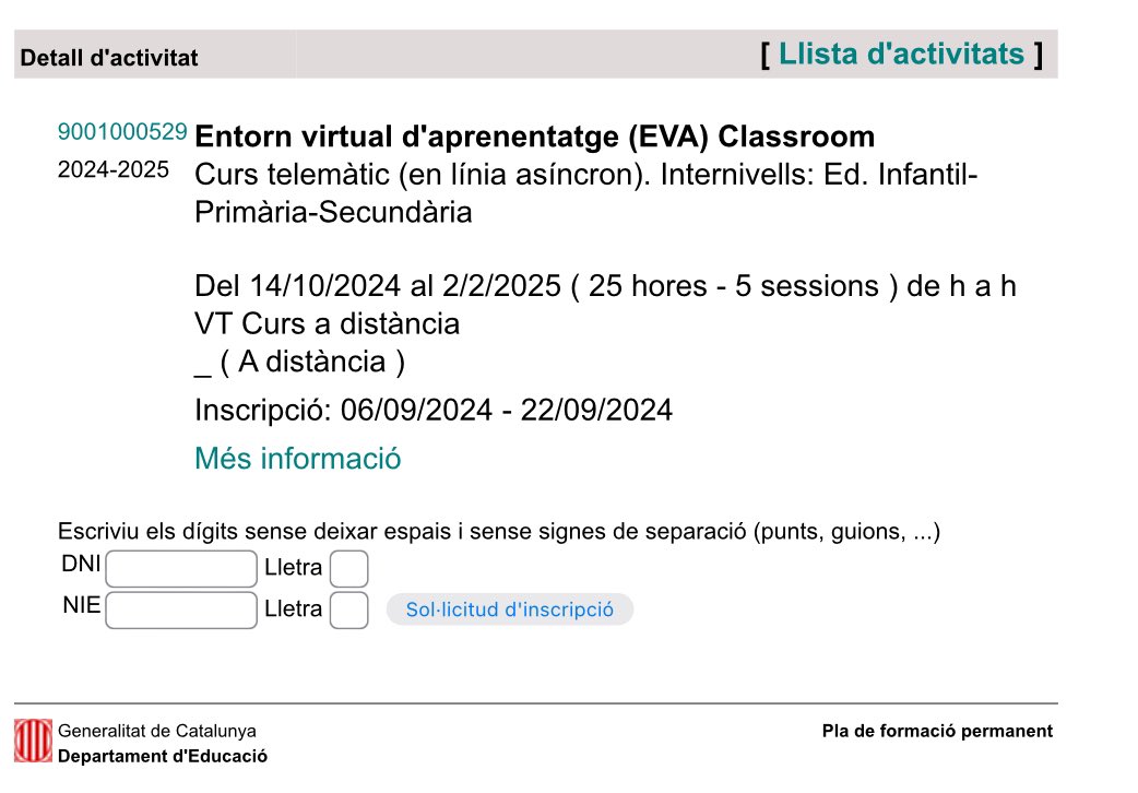 CollaClic's tweet image. 🔴 Curs “Entorn virtual d’aprenentatge (EVA) Classroom”

#GWorkspace #Classroom
inclòs a l’oferta formativa de la @xtec @educaciocat 

#CompetènciaDigitalDocent

👩🏻‍💻 en línia asíncron
🕒 25 hores
📅 inscripcions fins el 22/09
🔗 ja.cat/g0r7B

No et quedis sense plaça❗️