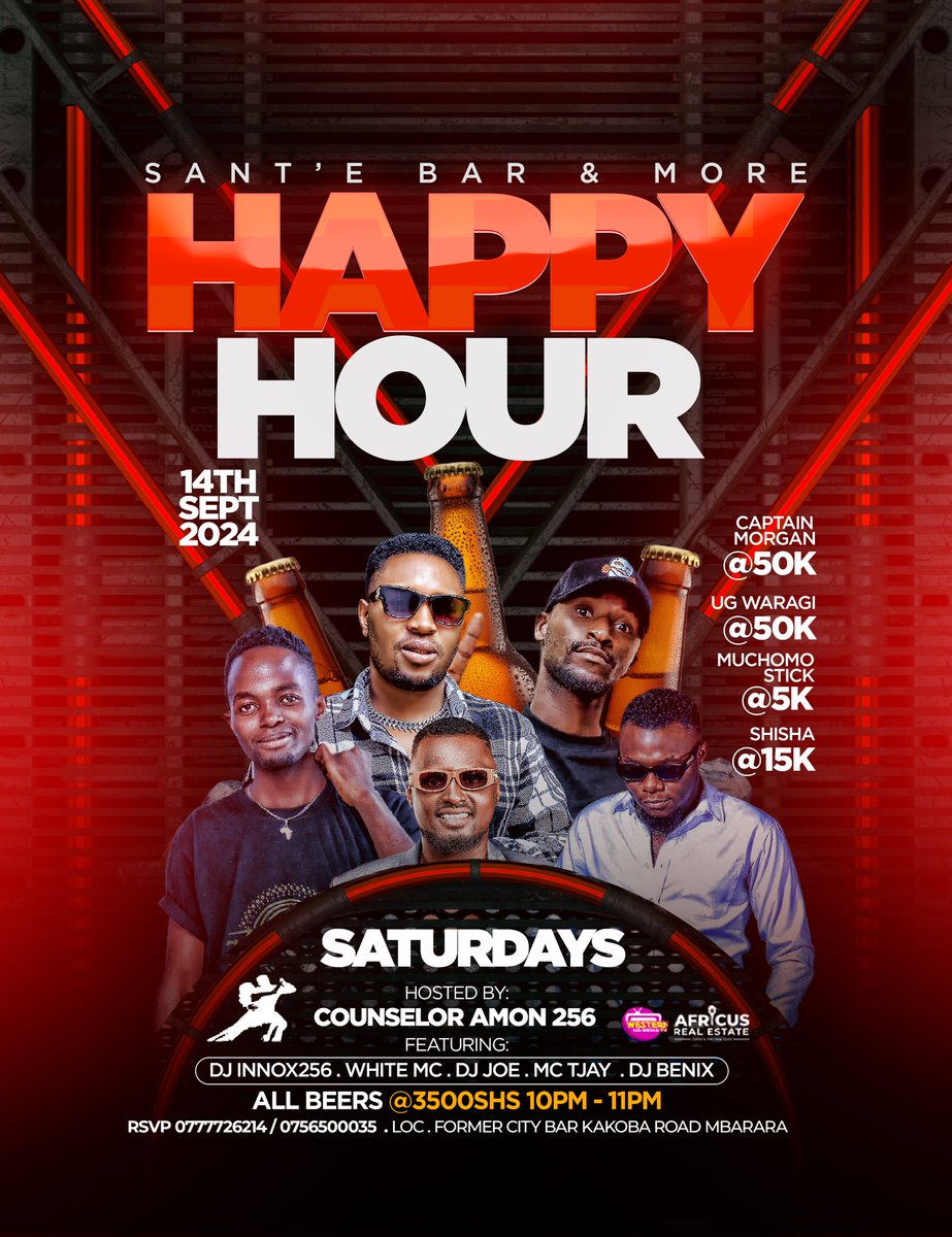 SanteBar1's tweet photo. Cheers to the weekend 🍻🥂🍹

A fun filled night #HappyHourSaturdays 🔥 awaits you tonight at the Sant'e Bar And More, Mbra with the best entertainers.

All Beers at Shs 3500 From 10pm  
- 11pm https://t.co/74G6TgNFcz