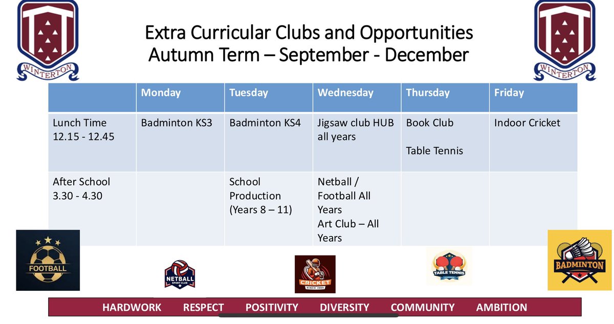 Extra curricular clubs for students to get involved in this term.
