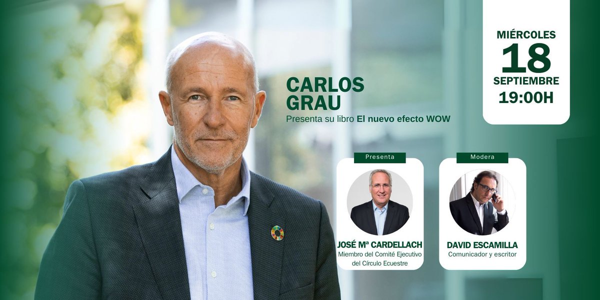 David Escamilla Imparato (@escamilla_david) on Twitter photo PRESENTACIÓN-TALK EN EL CÍRCULO ECUESTRE
El miércoles 18 de septiembre (19h) te invitamos al Círculo Ecuestre.
Presentaremos el libro de
<a href="/carlosgraulara/">Carlos Grau</a>
EL NUEVO EFECTO WOW en un talk con el reconocido periodista <a href="/Escamilla_David/">David Escamilla Imparato</a>
Reserva tu plaza aquí:
forms.office.com/pages/response… PRESENTACIÓN-TALK EN EL CÍRCULO ECUESTRE
El miércoles 18 de septiembre (19h) te invitamos al Círculo Ecuestre.
Presentaremos el libro de
<a href="/carlosgraulara/">Carlos Grau</a>
EL NUEVO EFECTO WOW en un talk con el reconocido periodista <a href="/Escamilla_David/">David Escamilla Imparato</a>
Reserva tu plaza aquí:
forms.office.com/pages/response…