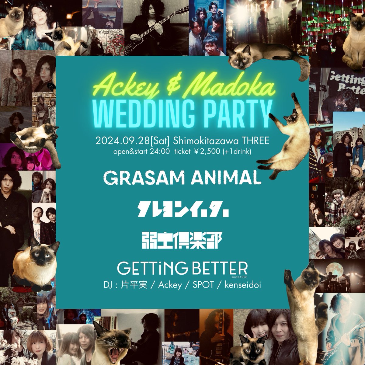 💐Ackeyまどか結婚パーティ💐
タイムテーブル公開！
2週間後、9/28土曜深夜、下北沢THREEにて開催🪩
全バンドAckeyがギターを弾きDJもする、イカれたハッピーなパーティにします
お祝いしにきてください🥂