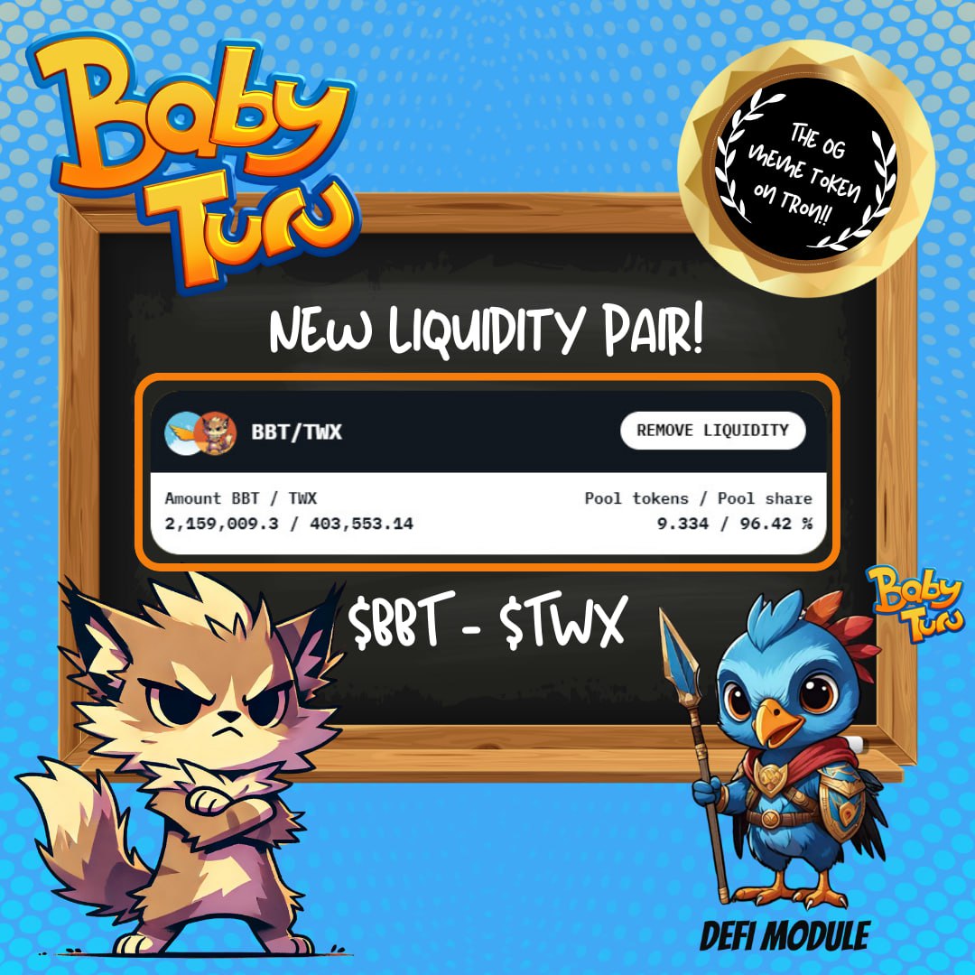 We're boosting meme tokens on #Tron and speeding up $BBT burn through Arbitrage volume 🔥🔥🔥

Today we have added the @TwiskersTWX pairing and now you can trade $BBT - $TWX directly 🤝💪

#BabyTuru #crypto #Tron #BBT #TWX
