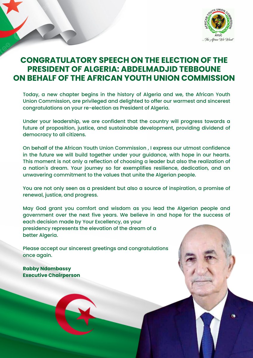 Once again congratulations to H.E. ABDELMADJID TEBBOUNE for the re-election.
 <a href="/Algeria_MFA/">وزارة الشؤون الخارجية| MFA-Algeria</a> <a href="/Algeria_Tweet/">Algeria 🇩🇿 الجزائر</a> 
<a href="/AlgPresidency/">Algerian Presidency رئاسة الجمهورية الجزائرية</a>