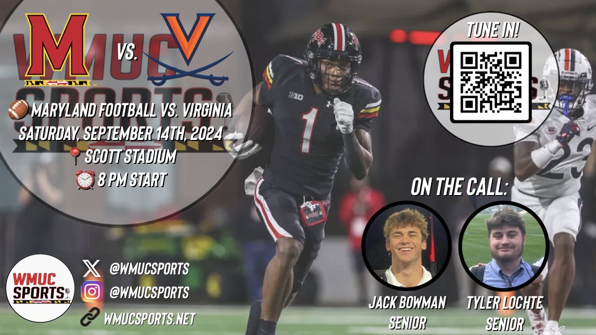 WMUC Sports (@wmucsports) on Twitter photo Hitting the road for the first time this season, Maryland football is in Charlottesville tonight for a primetime Border War clash against Virginia!
🏈: <a href="/TerpsFootball/">Maryland Football</a> at <a href="/UVAFootball/">Virginia Football</a>
🕕: 8:00 PM
🎙️: <a href="/tylerlochte/">Tyler Lochte</a> & <a href="/jackbowman22/">Jack Bowman</a>
📻: ter.ps/wmucsports Hitting the road for the first time this season, Maryland football is in Charlottesville tonight for a primetime Border War clash against Virginia!
🏈: <a href="/TerpsFootball/">Maryland Football</a> at <a href="/UVAFootball/">Virginia Football</a>
🕕: 8:00 PM
🎙️: <a href="/tylerlochte/">Tyler Lochte</a> & <a href="/jackbowman22/">Jack Bowman</a>
📻: ter.ps/wmucsports