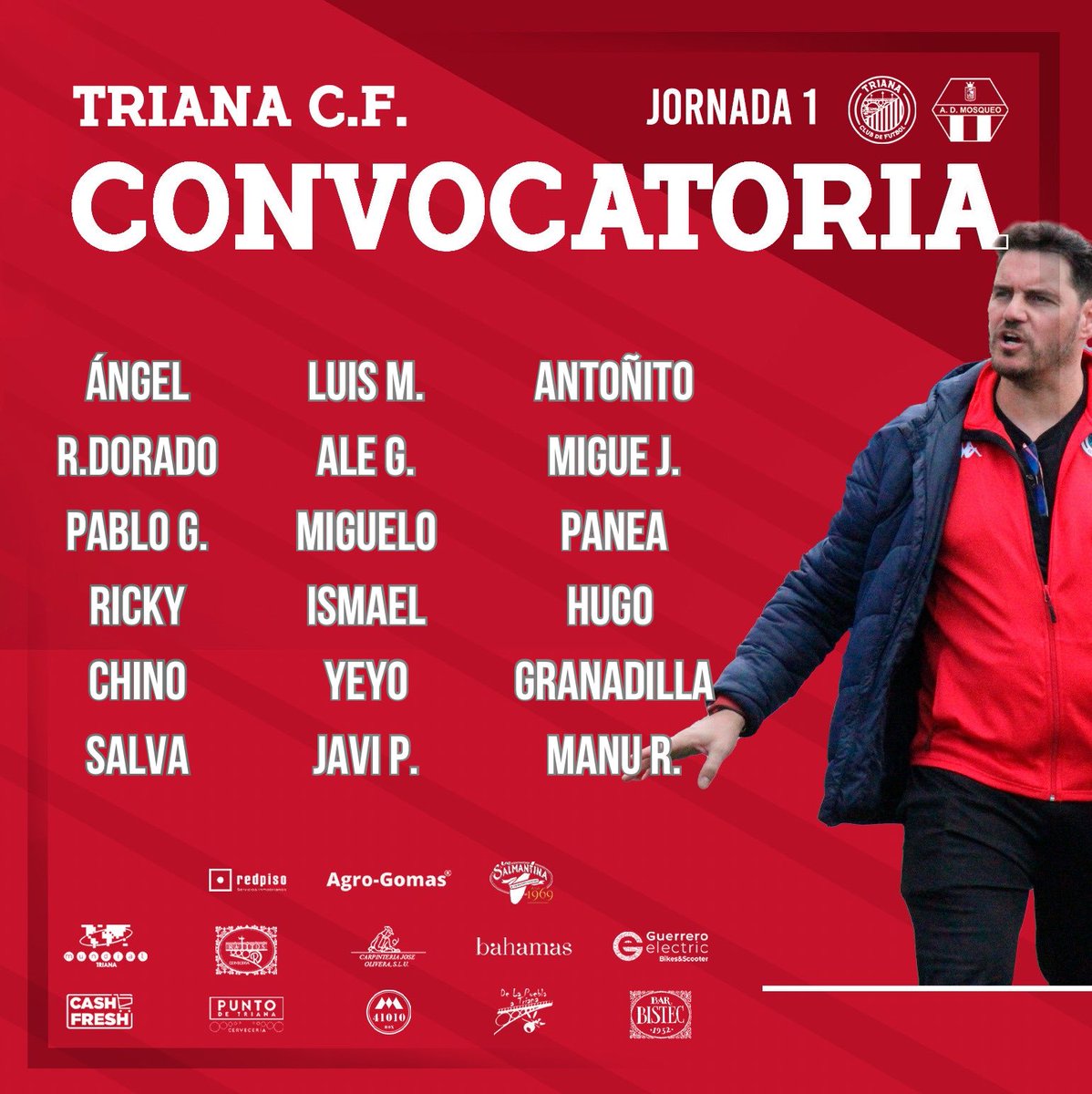 TrianaCF19's tweet photo. ¡Estos son los 18 jugadores convocados por Juanjo para el encuentro de mañana ante el #Mosqueo! ⚔️
#TrianaMosqueo • #TieneUnSelloDistinto https://t.co/3bkg2CCTGq