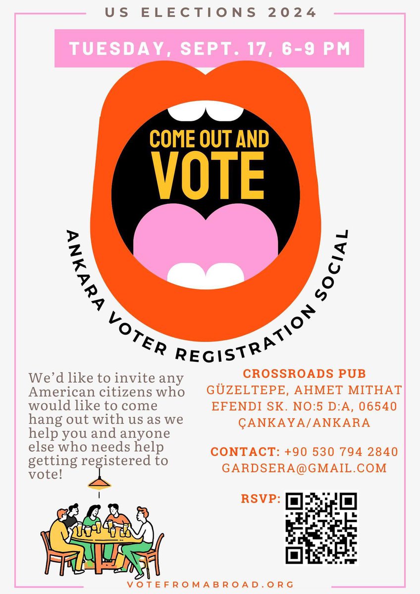 DemsAbroadTR's tweet photo. Come join .@DemsAbroad in Ankara TR to make sure you can vote in 2024! We can help you get your ballot - and connect with other Americans. RSVP here: https://t.co/tGtryVFpY8

#Ankara #KamalaHarris #Turkiye #turkey #expats #expat #VoteBlue #VoteFromAbroad #Election2024 https://t.co/2Aim9aW8KV