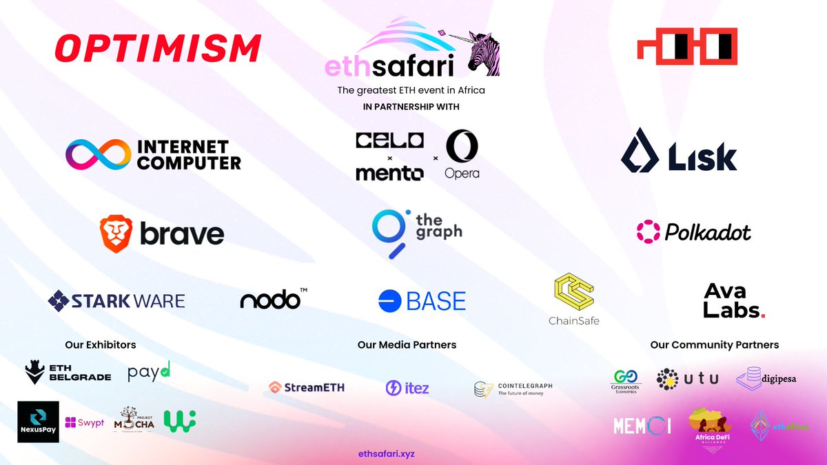 Thank you to our incredible sponsors, partners, and exhibitors for making #ETHSafari2024 possible! Your support fuels innovation in the African Web3 ecosystem. Together, we're building a decentralized future.🌍🚀 

#getbusy #ethsafari