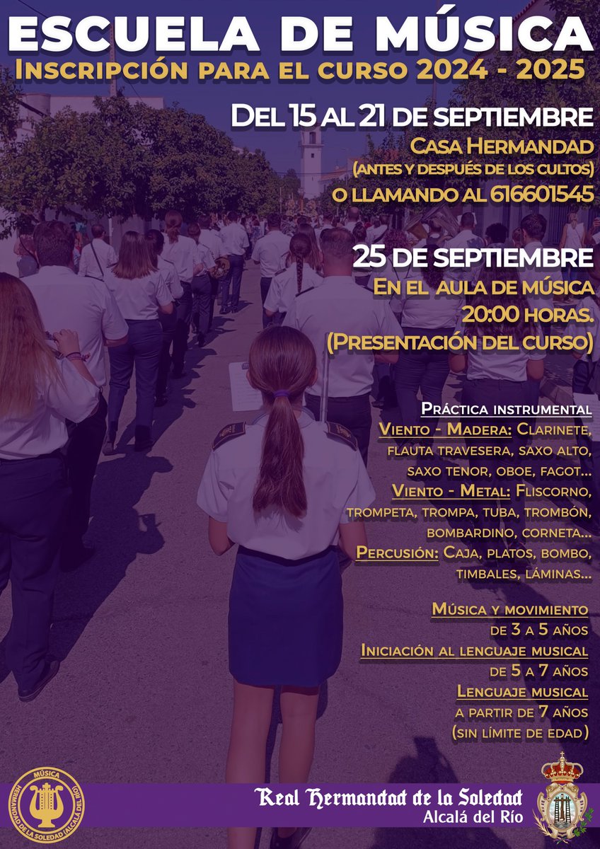 #INFORMACIÓN | INSCRIPCIÓN PARA LA ESCUELA DE MÚSICA. CURSO 2024/2025

🗓️15 al 21 de septiembre

PRESENCIAL:
📌Casa Hermandad
🕗Antes y después de los cultos

TELEFÓNICA:
📞 616 601 545

▶️ Presentación: 25 de septiembre.
🕗 20 h.
📌 Aula de Música

#LaSoledadDeAlcaláDelRío