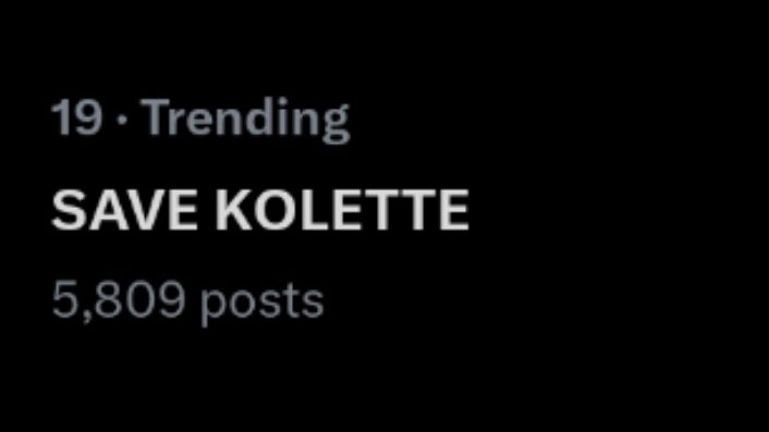 Trend Update!

We are now trending nineteenth spot nationwide with more than five thousand tweets. Keep sending your tweets fam.

SAVE KOLETTE