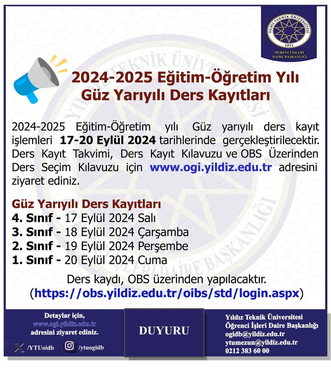 2024-2025 Eğitim-Öğretim yılı Güz yarıyılı Ders Kayıt Takvimi