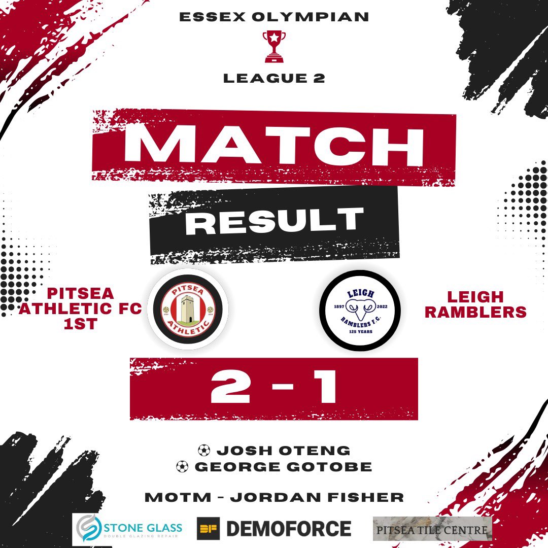 🔵 FIRST TEAM RESULT 🔵

Pitsea Athletic 2-1 <a href="/LeighRams/">Leigh Ramblers</a> Reserves

Goal Scorers

<a href="/JoshuaOteng6/">Joshua Oteng</a> ⚽️
<a href="/gotobe_geo79499/">George Gotobe</a> ⚽️

MOTM - <a href="/Jordon_Fisher/">Jordon Fisher</a> ⭐️

A determined performance today from the boys to earn 3 points and make it 5 from 5 💪🏻👏🏻