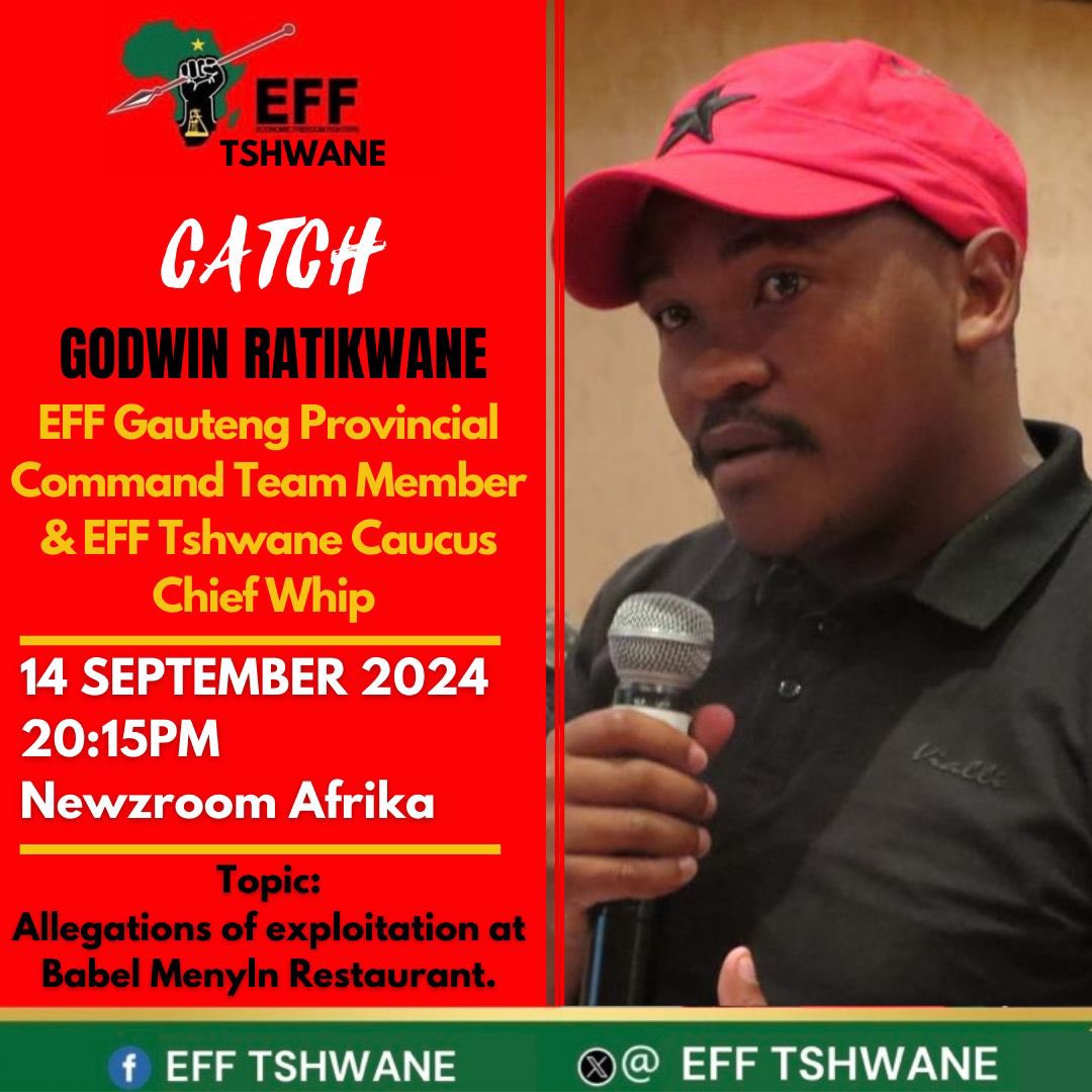 TshwaneEff's tweet photo. ♦️Media Alert♦️
Catch Fighter Godwin Ratikwane on @NewzoomAfrica as we shed light on the alleged worker exploitation at Babel Restaurant in Menlyn. Workers deserve fair treatment and protection under South African labor laws. Let's stand together for justice! #WorkerExploitation https://t.co/peGCnhvgWu