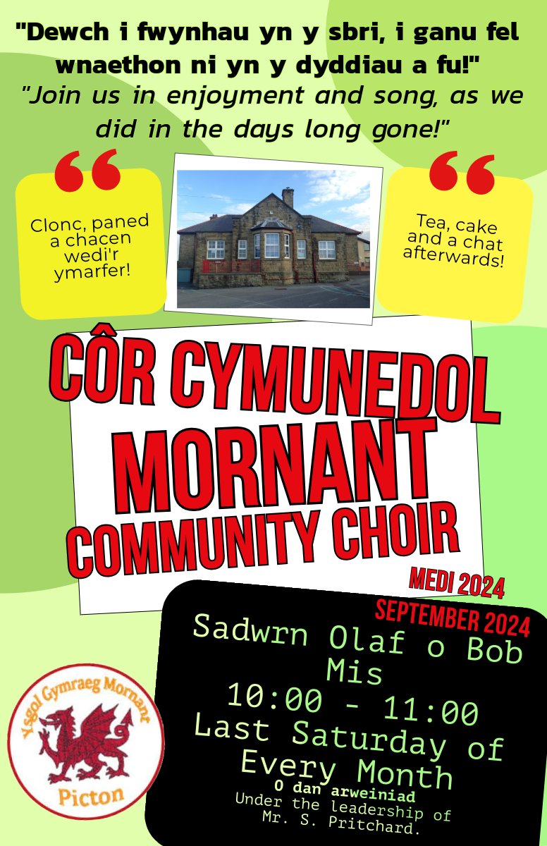Pythefnos sydd i fynd tan i ymarferion y Côr Cymunedol ailgychwyn. Os ydych chi'n mwynhau canu, chwerthin a chymdeithasu gyda ffridiau, dewch i'r ymarferion. Mi fydd hi'n un sydd llawn hwyl! 🎤🎼🎹